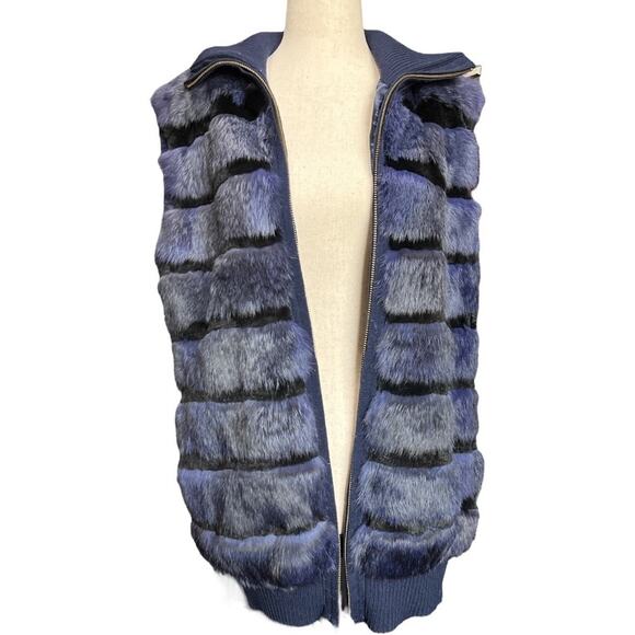 Tasha Tarno Blue Black Striped Real Rabbit Fur Full Zip Vest Ribbed Collar Large - Picture 2 of 8